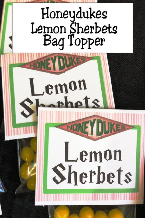 Bring a bit of Honeydukes candy store to your Harry Potter party with this printable bag topper.  Simply add some lemonheads or other lemon candies to a bag and top with this bag topper for the perfect Harry Potter party favor or addition to the dessert table.