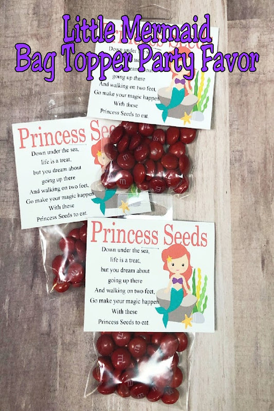 Let your little princess give a sweet treat at her Little Mermaid party with these fun Little Mermaid princess seeds bag topper party favors.  Each treat has a cute poem and a fun way to bring the party home.