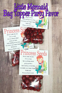 Let your little princess give a sweet treat at her Little Mermaid party with these fun Little Mermaid princess seeds bag topper party favors.  Each treat has a cute poem and a fun way to bring the party home.
