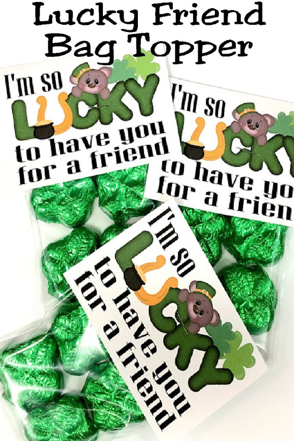Show your friends how lucky you are to have them with this St Patrick's day bag topper.  Bag topper has a cute bear and horseshoe graphic with the greeting 