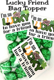 Show your friends how lucky you are to have them with this St Patrick's day bag topper.  Bag topper has a cute bear and horseshoe graphic with the greeting "I'm so lucky to have you for a friend"  Fill the bag with green candies or these green clover chocolates for a sweet treat to give all your friends.