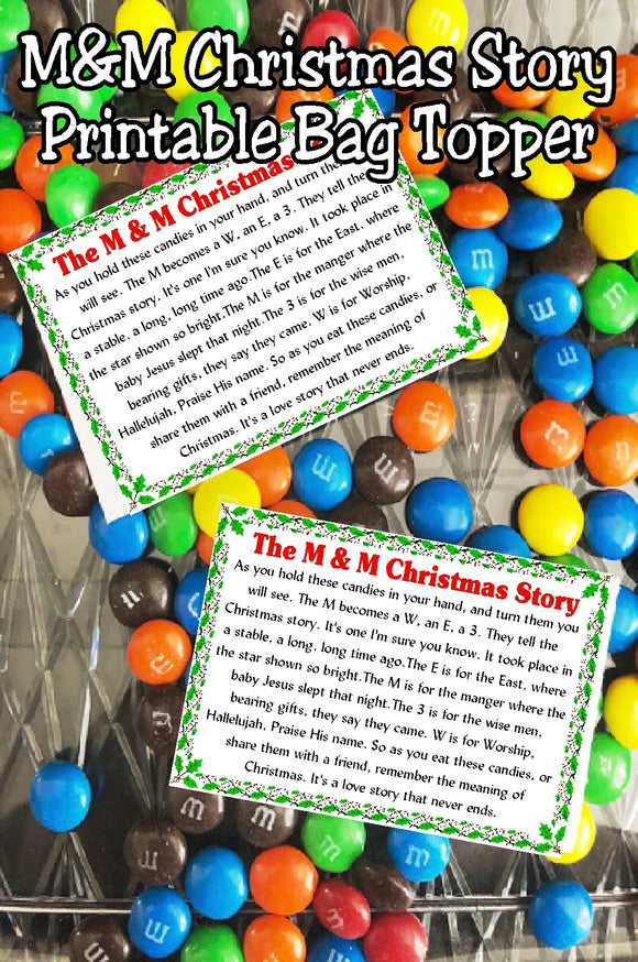 Tell the Christmas story with M&Ms in a sweet way with this candy topper printable. #bagtopper #christmasstory #religious #candy #printable