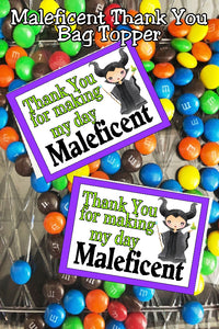 Give your Sleeping Beauty party guests a sweet treat with this Maleficent thank you bag topper. With the addition of some yummy candy, this printable bag topper is the perfect thank you gift. #maleficent #disneyvillian #sleepingbeautyparty #bagtopperprintable