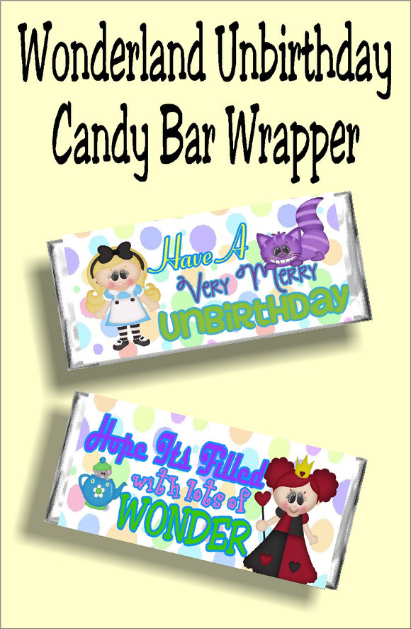Wish your friends a Merry Unbirthday with this fun Wonderland candy bar wrapper.  This wrapper is a perfect birthday card or party favor for an Alice in Wonderland birthday party.