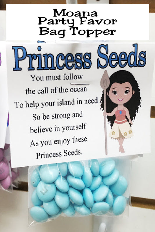Celebrate the fun and magic of Moana at your next Moana birthday party with this printable bag topper.  This Moana party favor is the perfect party treat for filling treat bags or as a candy on your dessert table.