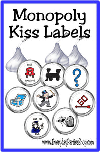 Play Monopoly with these yummy and cute Monopoly kiss label printables perfect for your Game Night party.  #gamenight #kisslabels