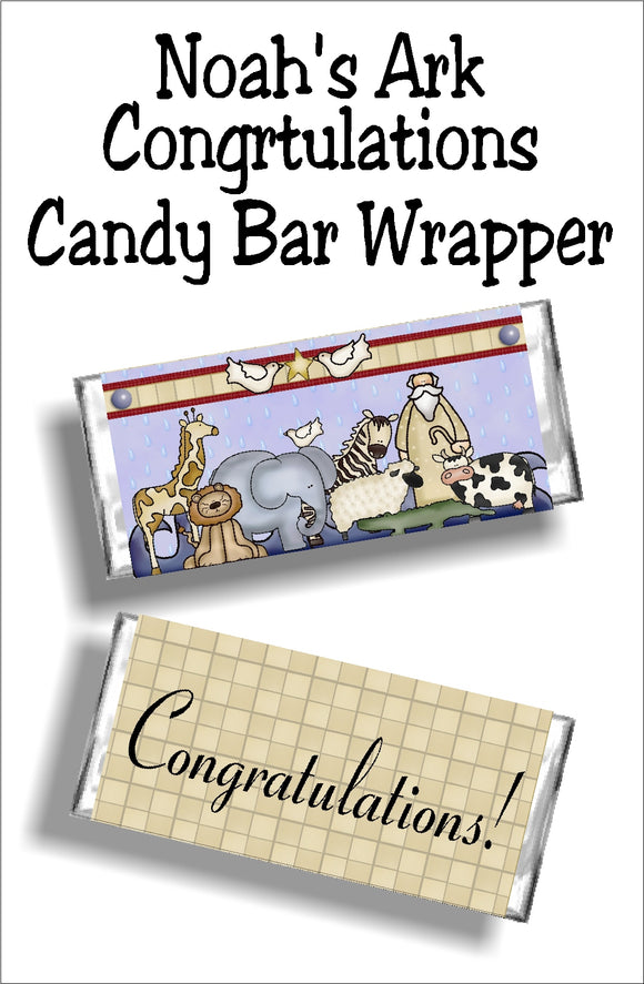 Print this beautiful candy bar wrapper for your noahs ark baby shower card or gift.  Wrap it around a Hershey candy bar and give for a truly special and unique party favor or card.