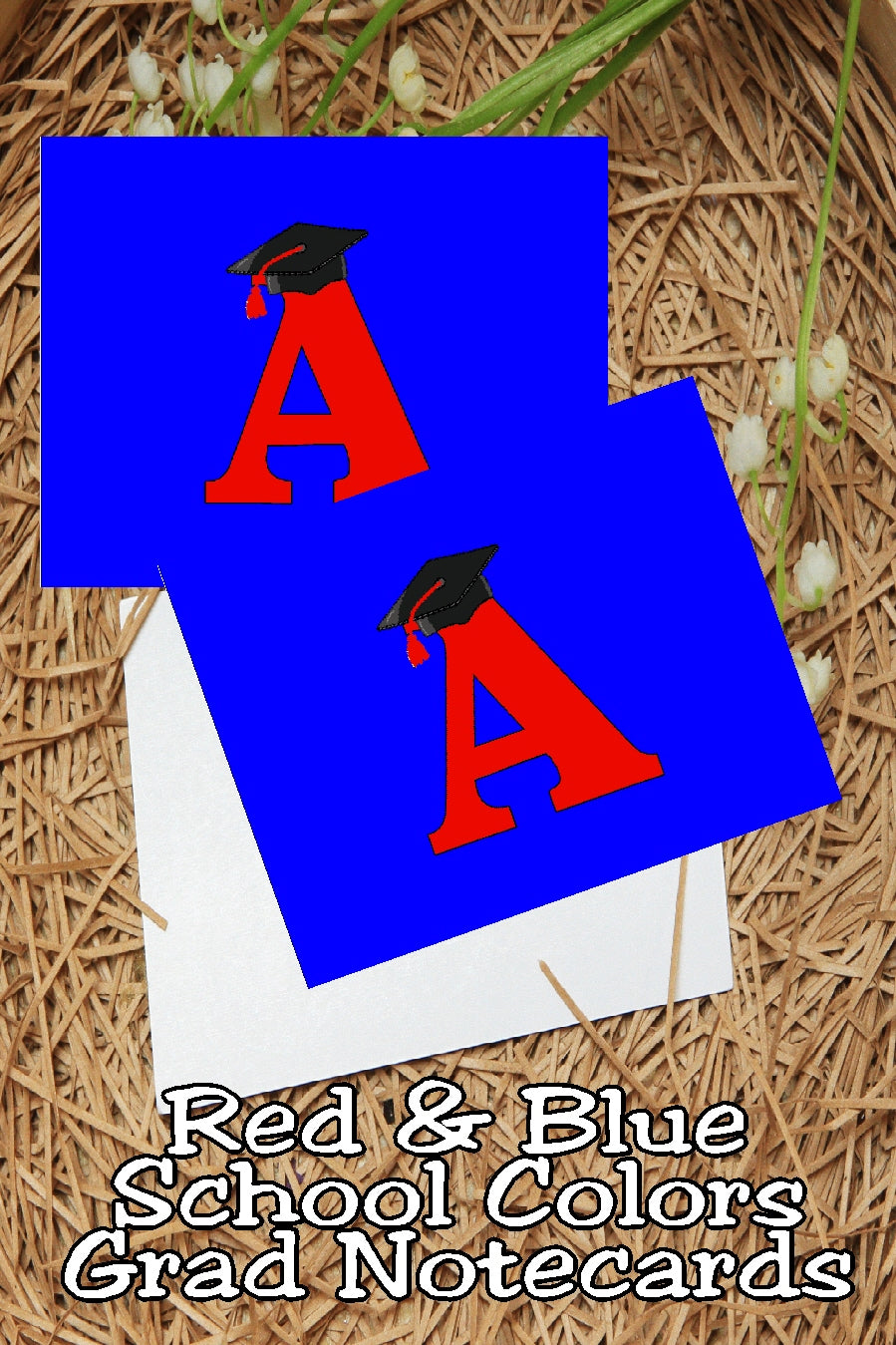 Blue and Red School Colors Monogram Graduation Printable Notecards