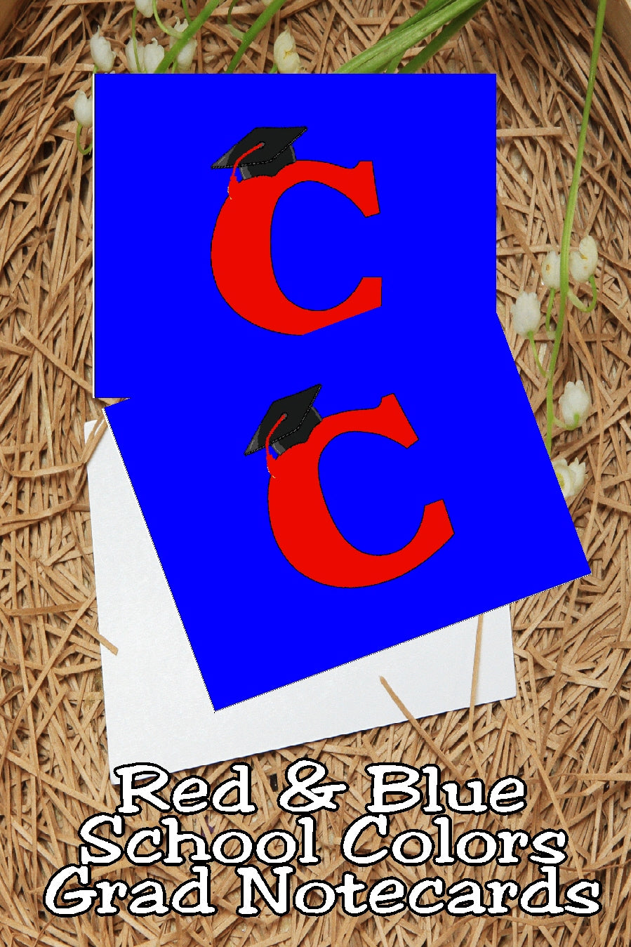 Blue and Red School Colors Monogram Graduation Printable Notecards