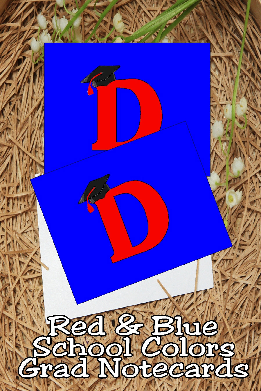 Blue and Red School Colors Monogram Graduation Printable Notecards