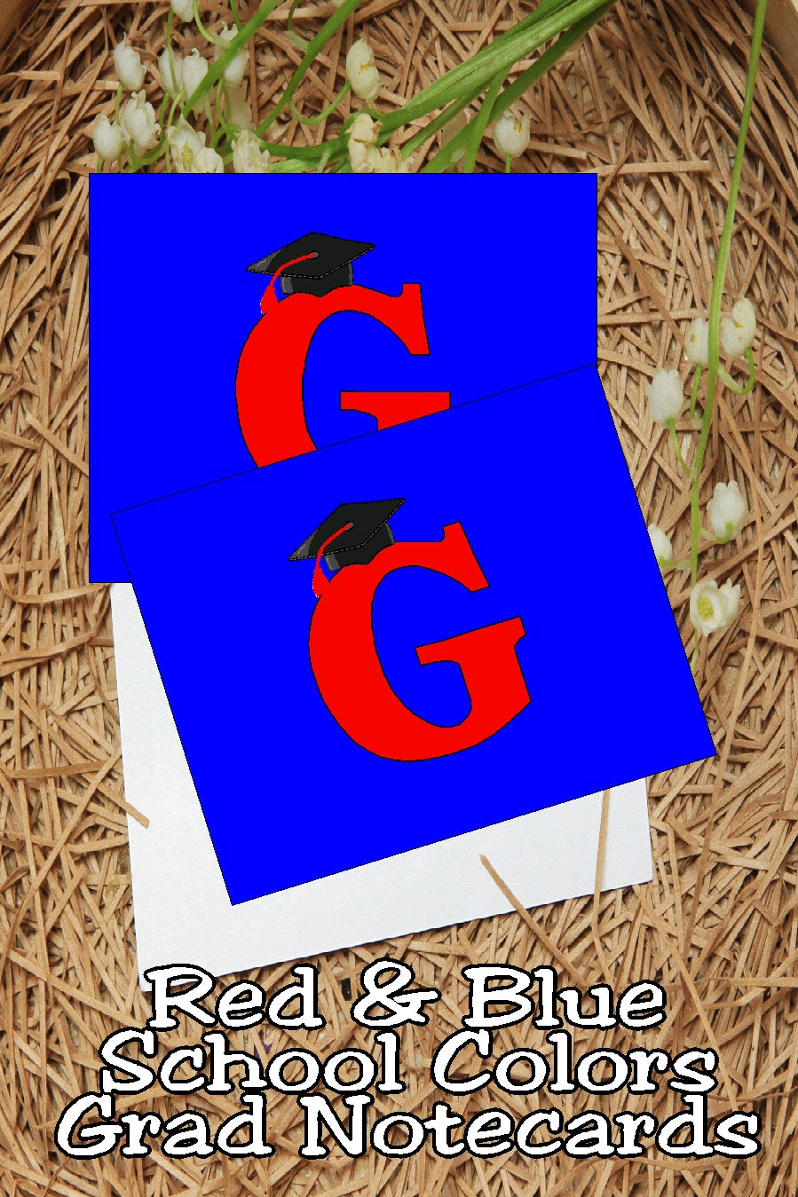 Blue and Red School Colors Monogram Graduation Printable Notecards