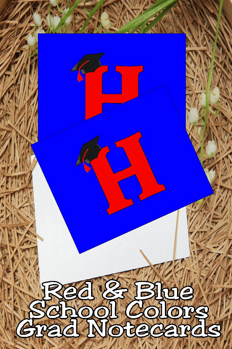 Blue and Red School Colors Monogram Graduation Printable Notecards