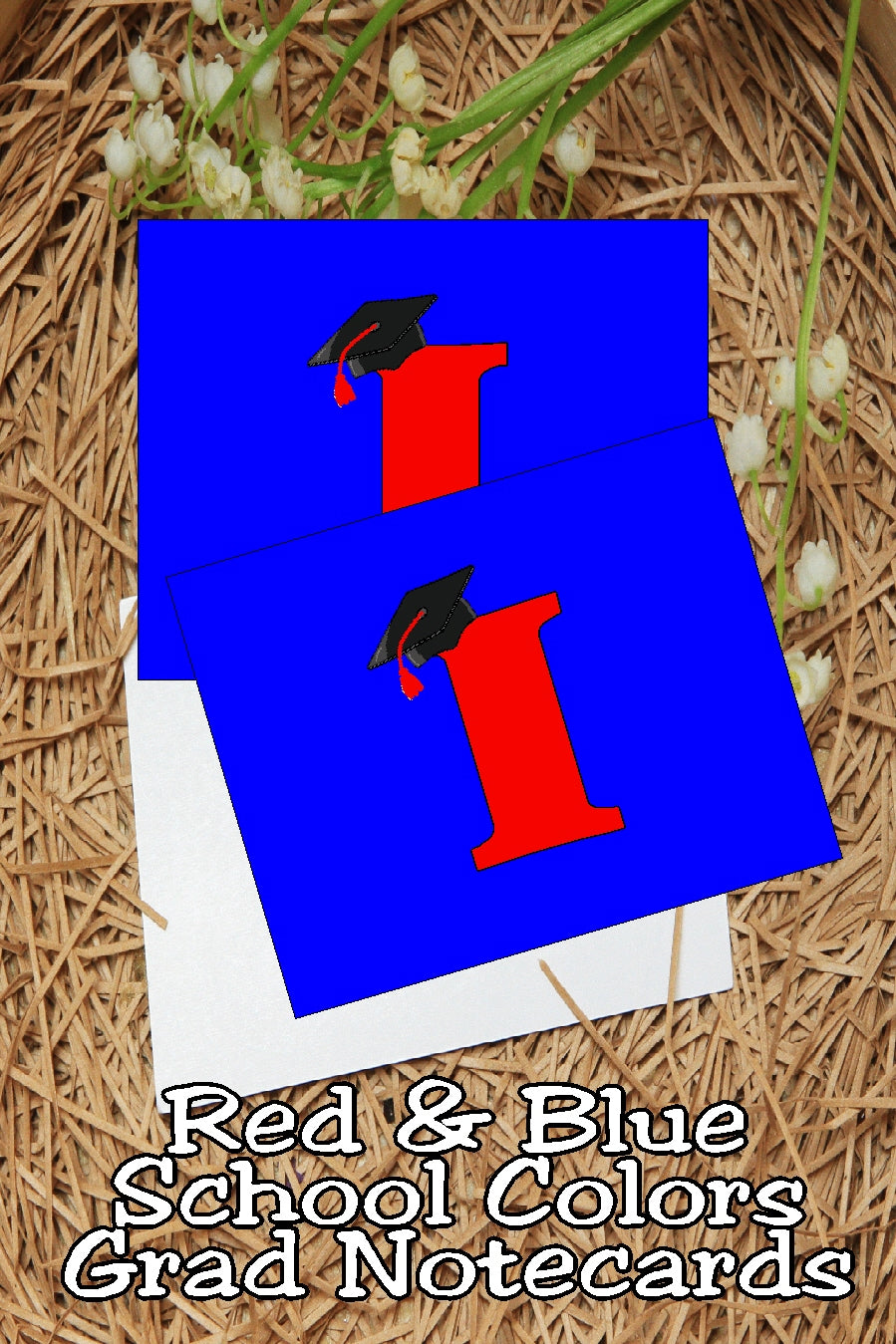 Blue and Red School Colors Monogram Graduation Printable Notecards