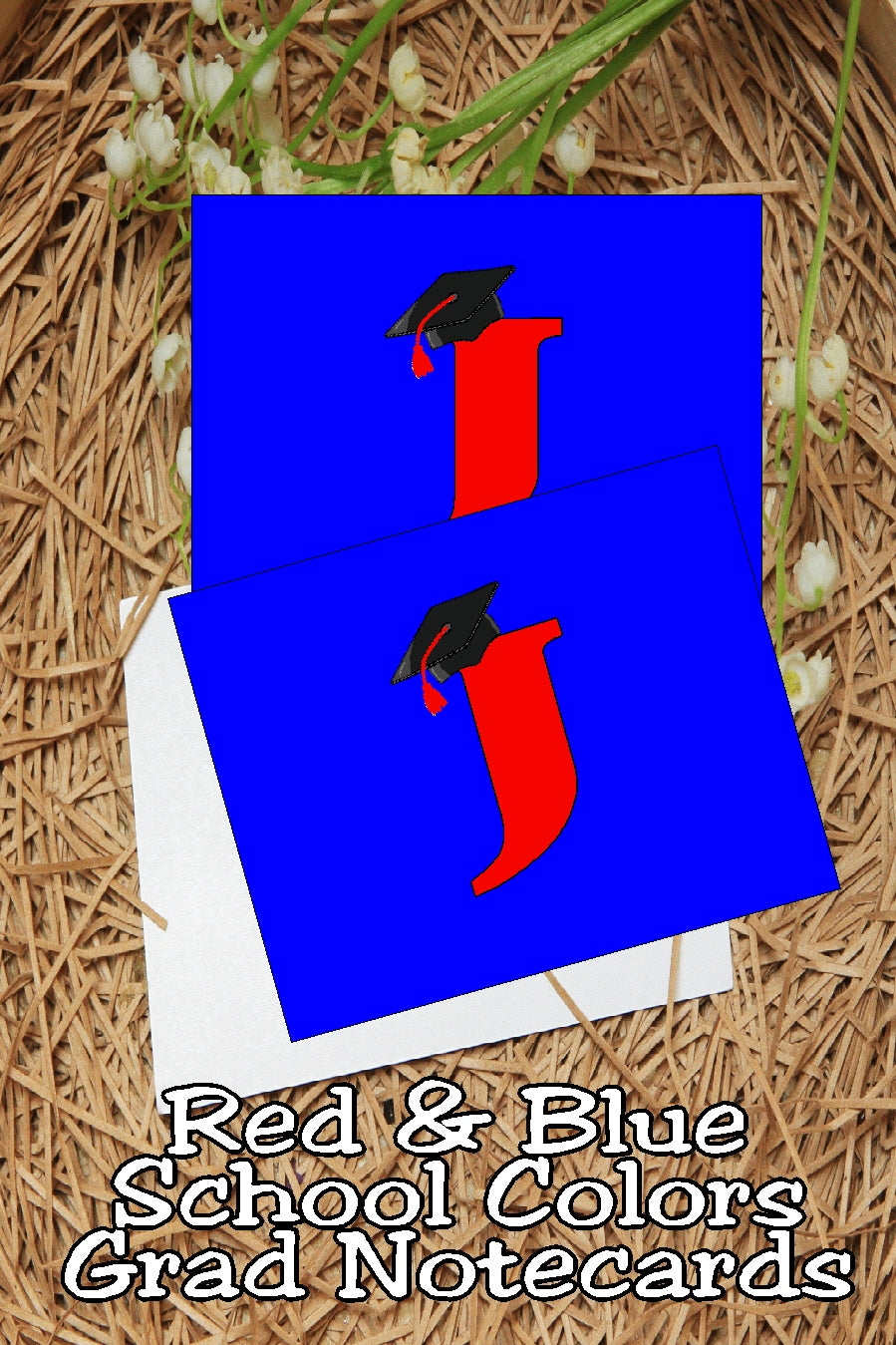Blue and Red School Colors Monogram Graduation Printable Notecards