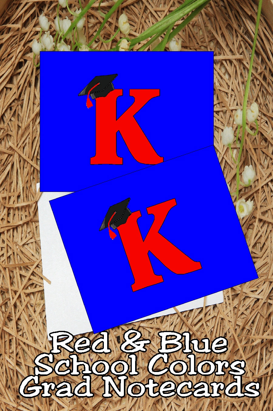 Blue and Red School Colors Monogram Graduation Printable Notecards