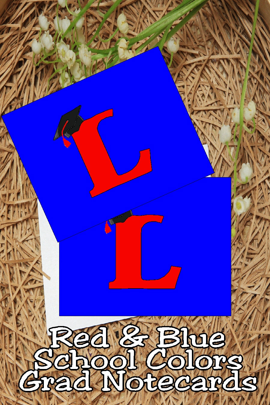 Blue and Red School Colors Monogram Graduation Printable Notecards