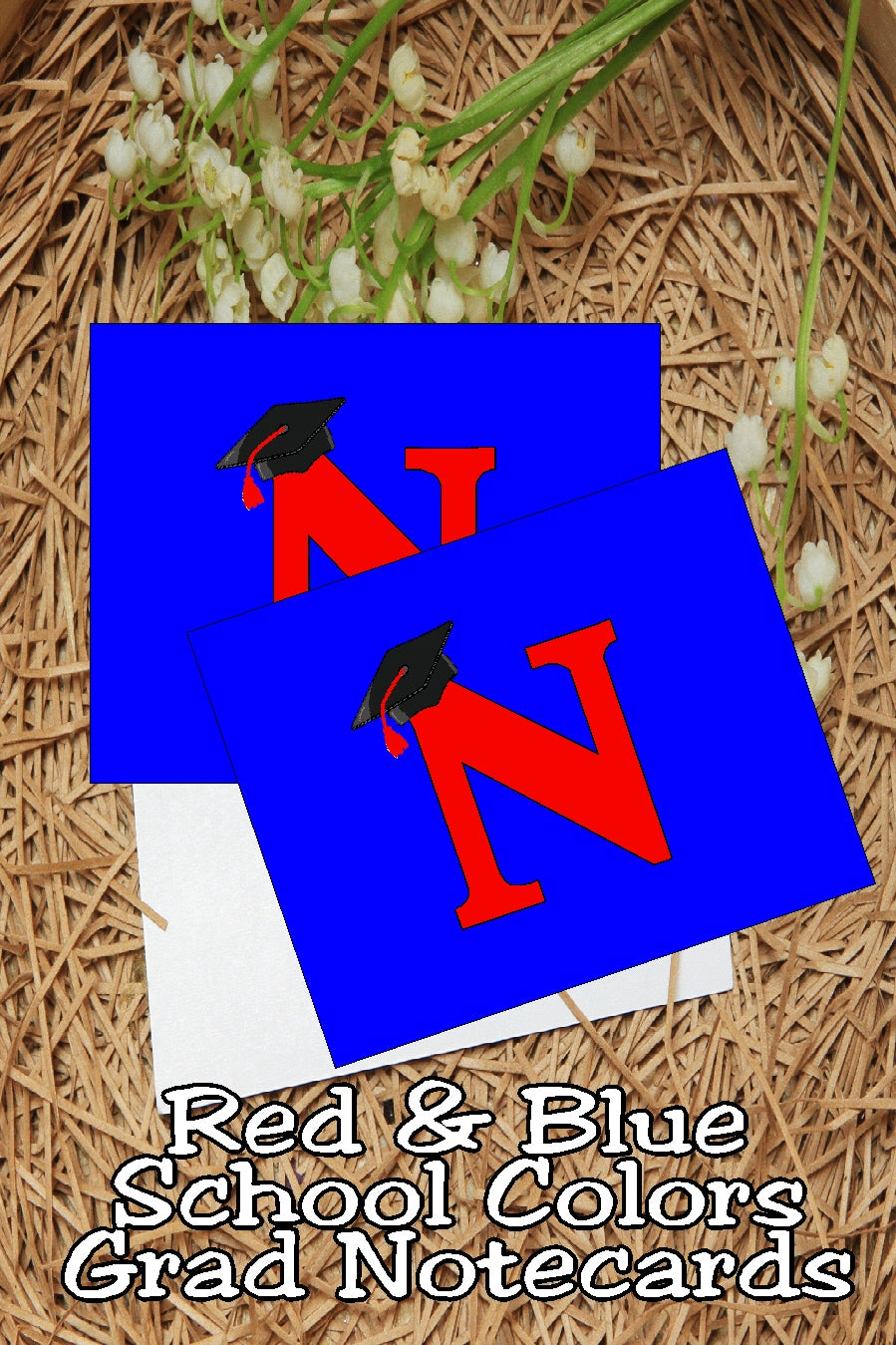 Blue and Red School Colors Monogram Graduation Printable Notecards