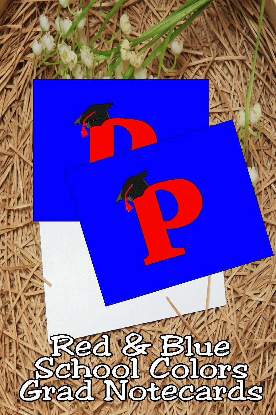 Blue and Red School Colors Monogram Graduation Printable Notecards