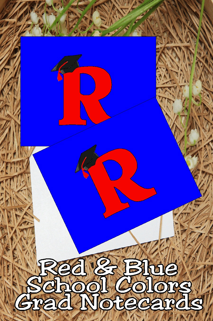 Blue and Red School Colors Monogram Graduation Printable Notecards