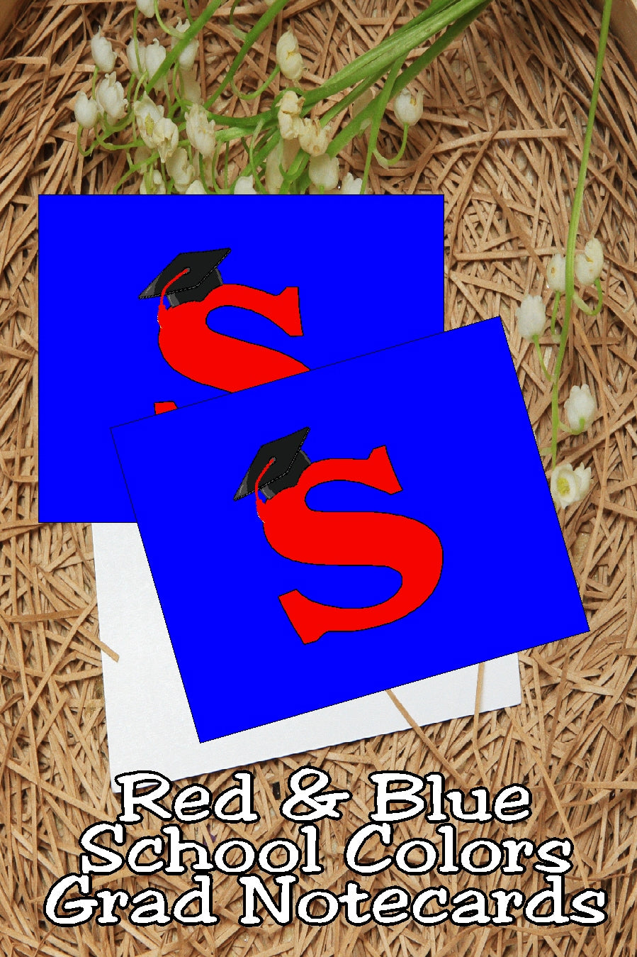 Blue and Red School Colors Monogram Graduation Printable Notecards
