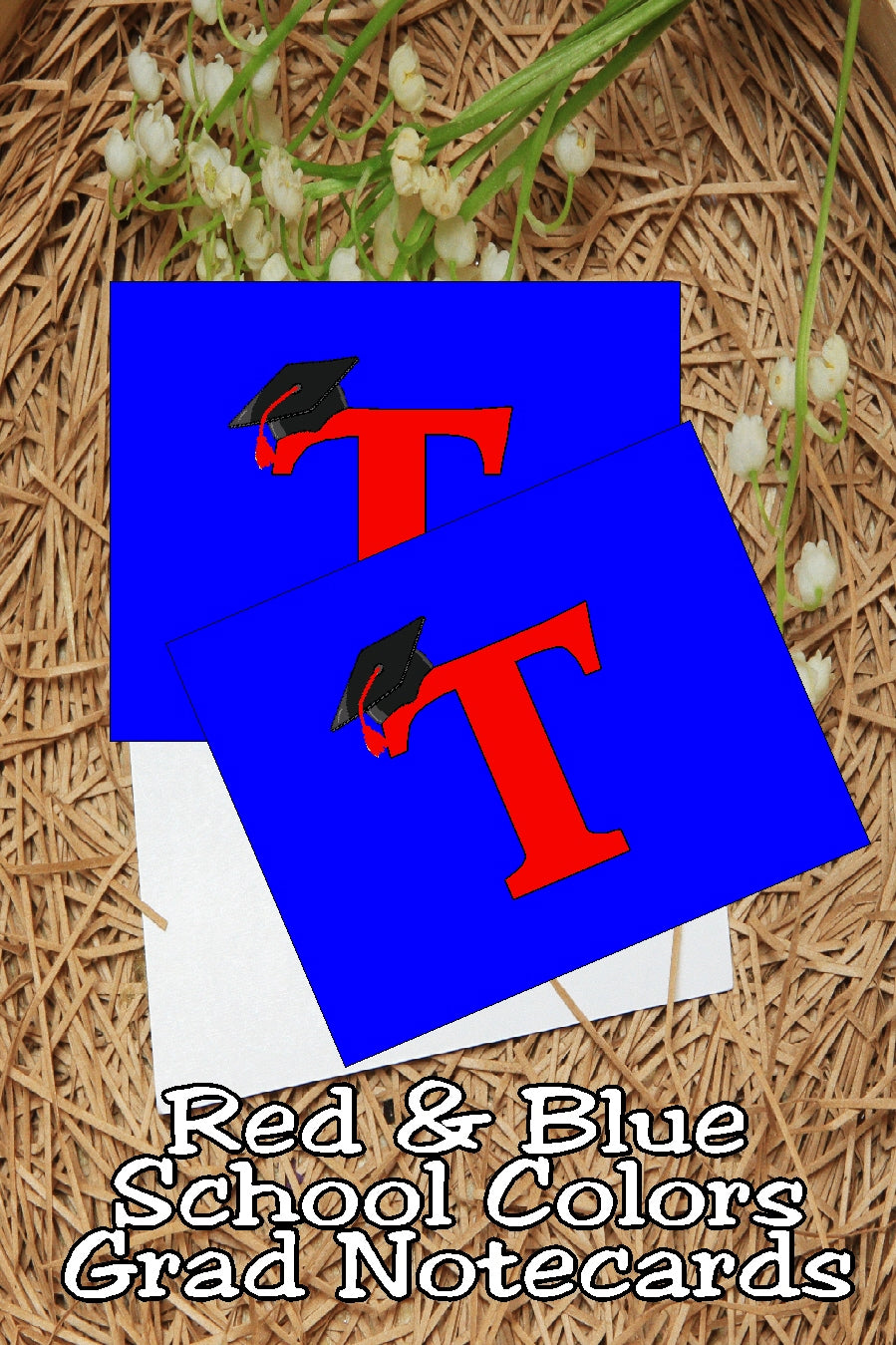 Blue and Red School Colors Monogram Graduation Printable Notecards