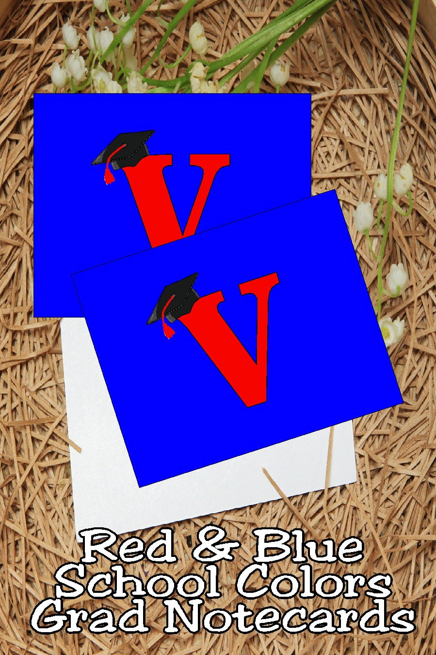 Blue and Red School Colors Monogram Graduation Printable Notecards