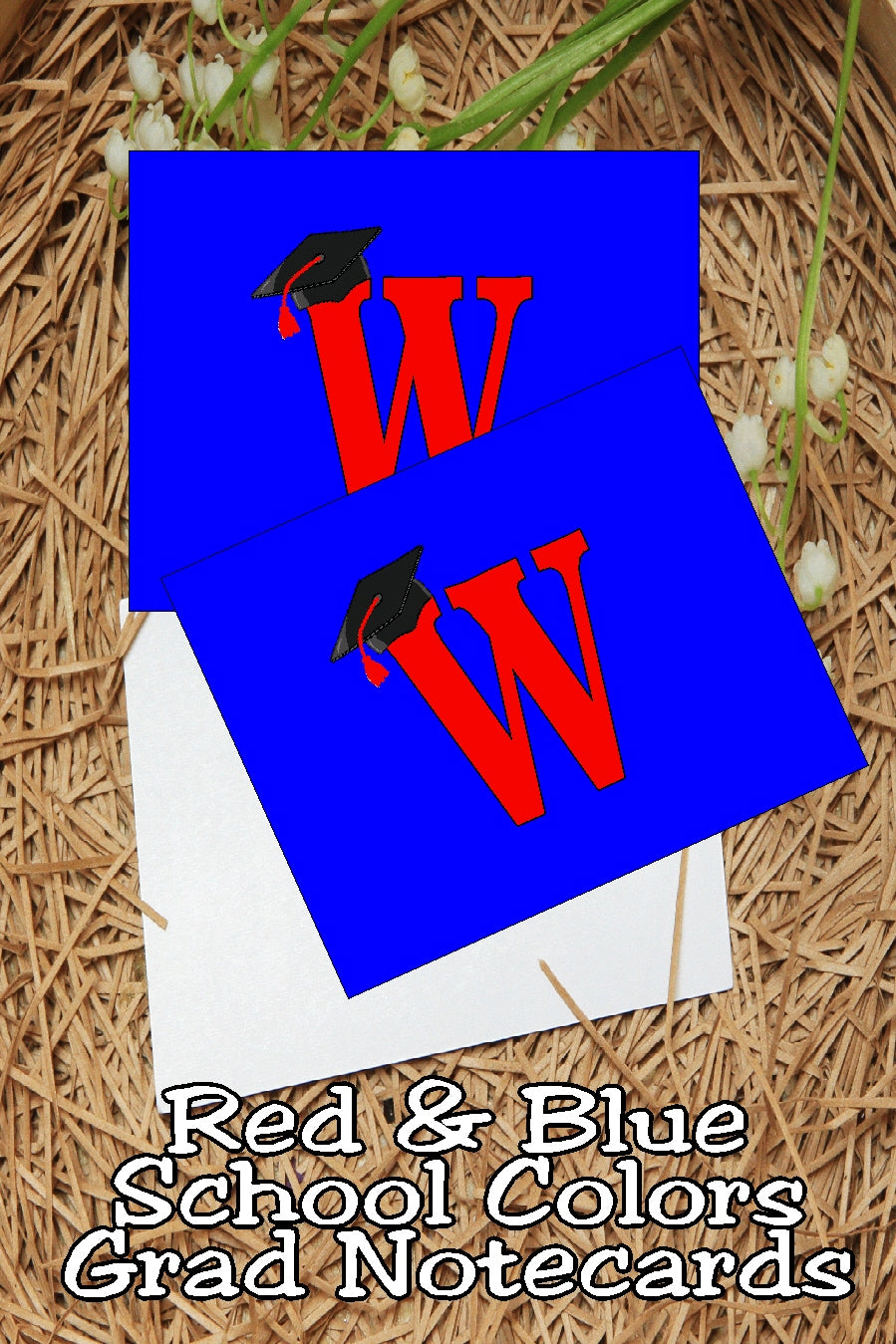 Blue and Red School Colors Monogram Graduation Printable Notecards