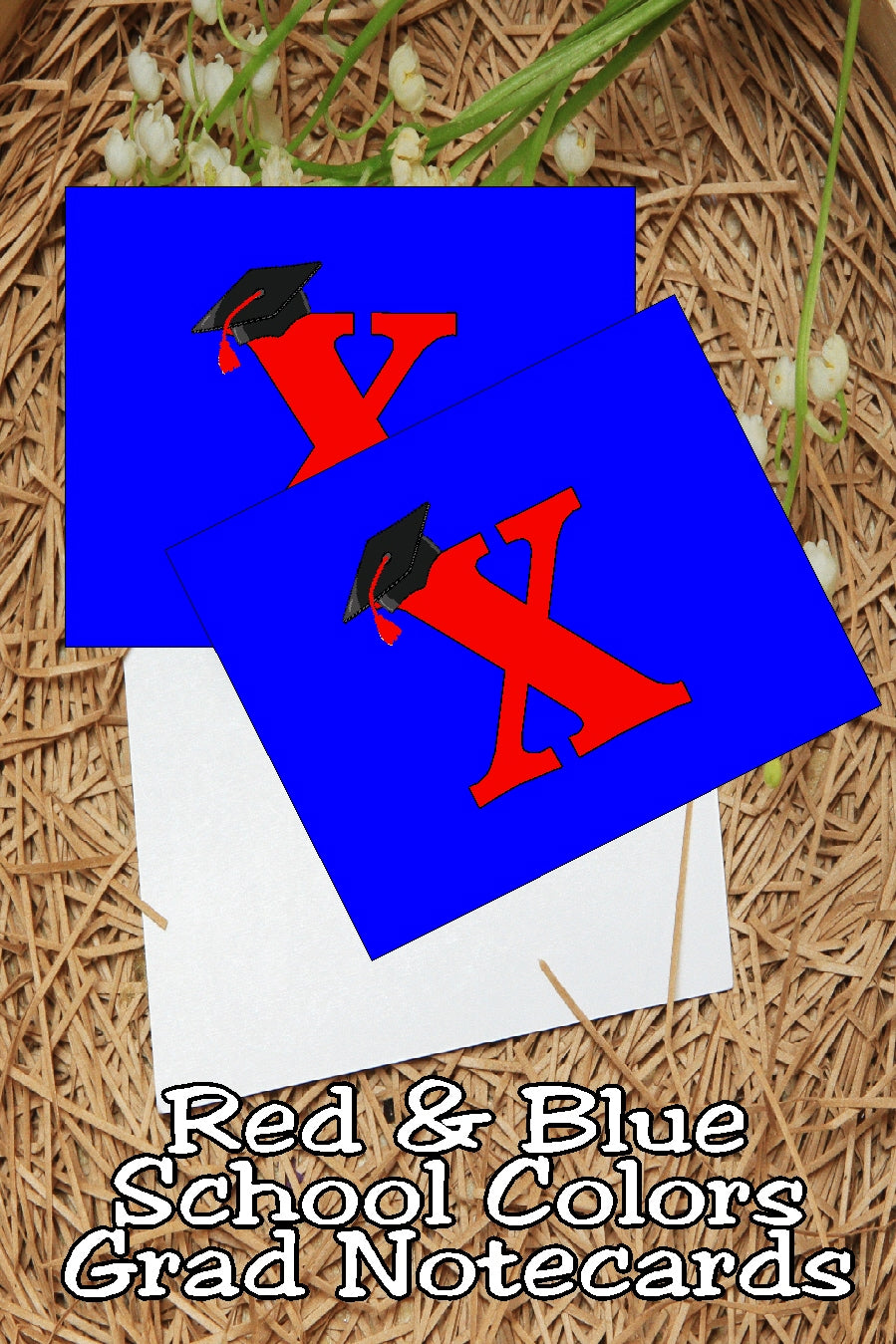 Blue and Red School Colors Monogram Graduation Printable Notecards
