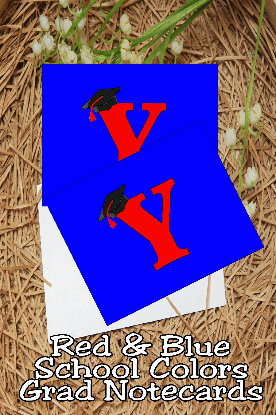 Blue and Red School Colors Monogram Graduation Printable Notecards