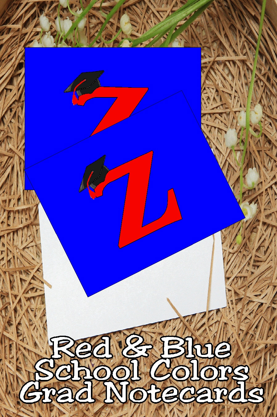 Blue and Red School Colors Monogram Graduation Printable Notecards