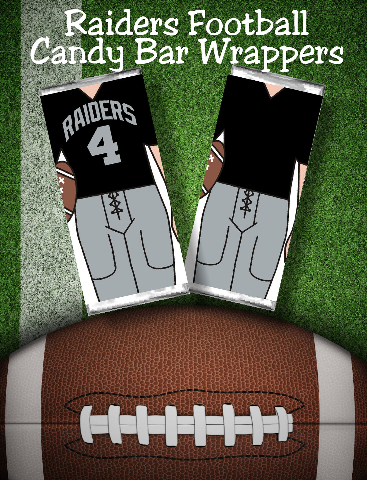 Cheer your favorite football team all the way to the big game with these printable candy bar wrappers. Candy bar wrappers comes with the Oakland Raiders jersey colors and can cheer "Go Raiders" or any other cheer you need. #raidersfootball #oaklandraiders #raiderscandybarwrapper