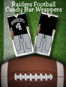 Cheer your favorite football team all the way to the big game with these printable candy bar wrappers. Candy bar wrappers comes with the Oakland Raiders jersey colors and can cheer "Go Raiders" or any other cheer you need. #raidersfootball #oaklandraiders #raiderscandybarwrapper