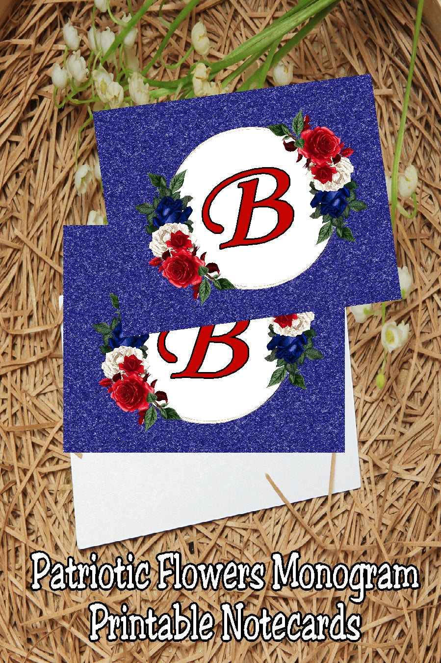 Patriotic Flowers Monogram Notecard Printable