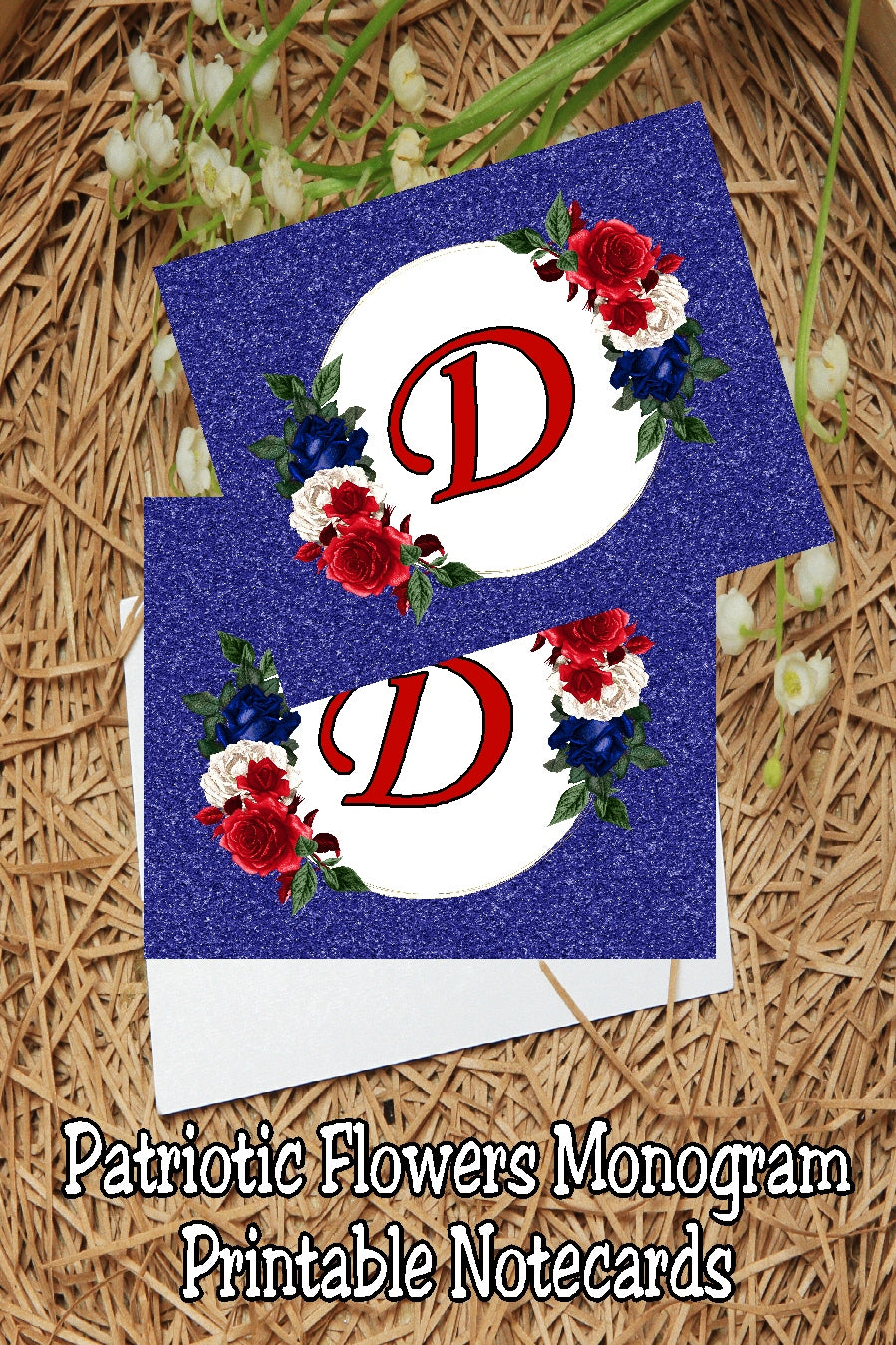 Patriotic Flowers Monogram Notecard Printable