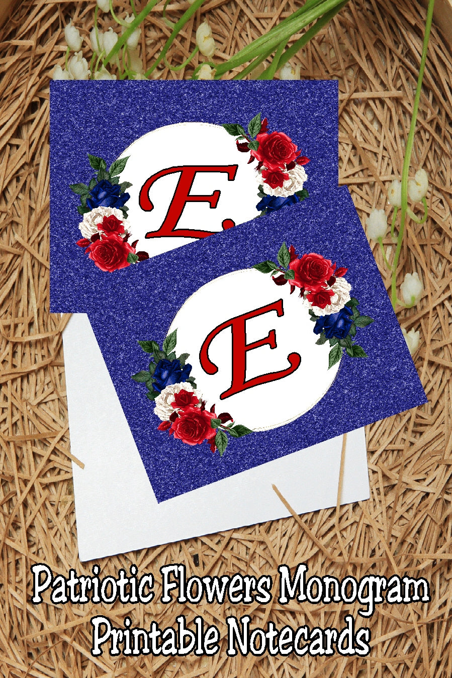 Patriotic Flowers Monogram Notecard Printable