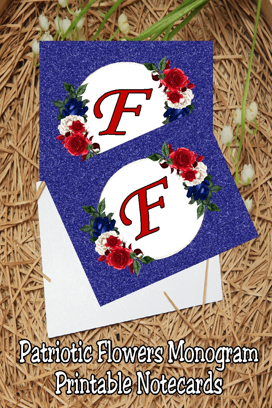 Patriotic Flowers Monogram Notecard Printable