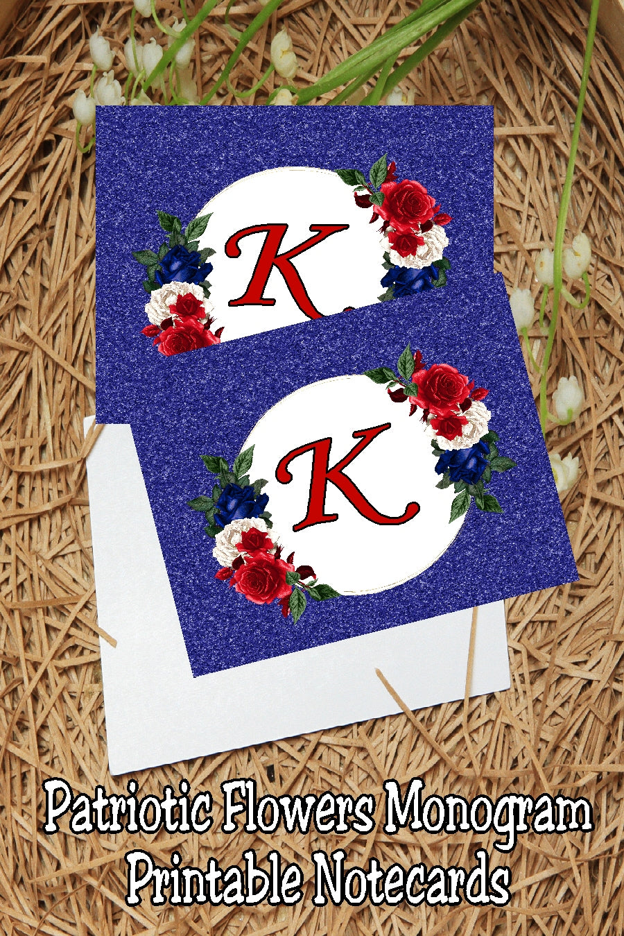 Patriotic Flowers Monogram Notecard Printable