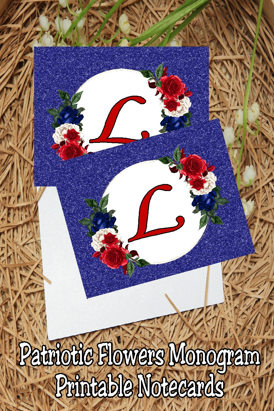 Patriotic Flowers Monogram Notecard Printable