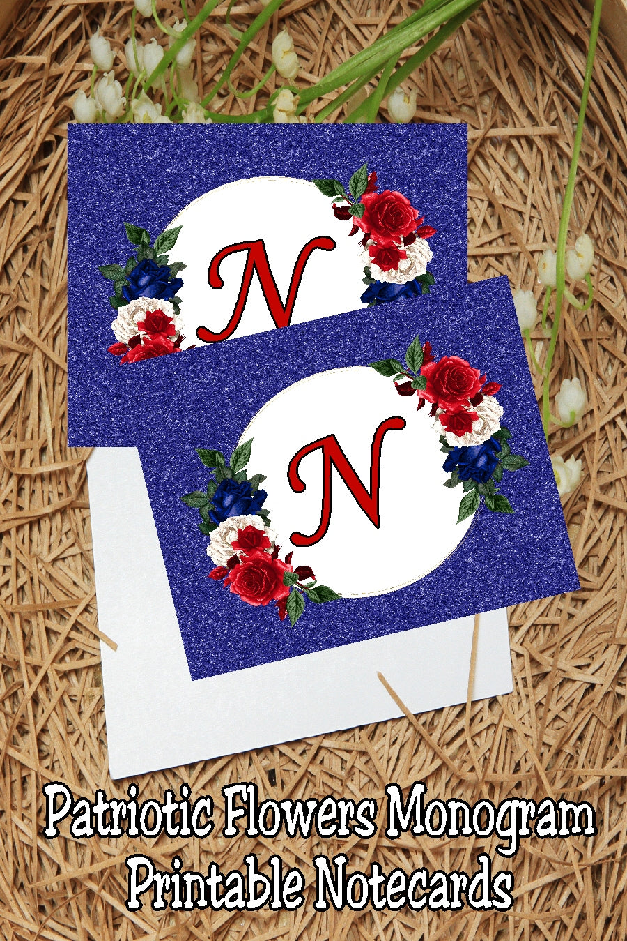 Patriotic Flowers Monogram Notecard Printable
