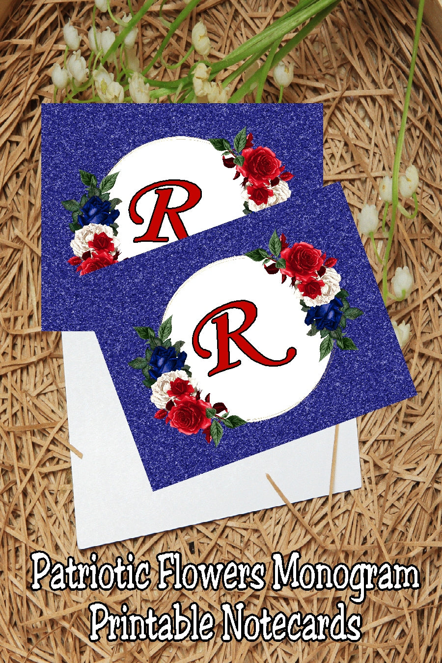 Patriotic Flowers Monogram Notecard Printable