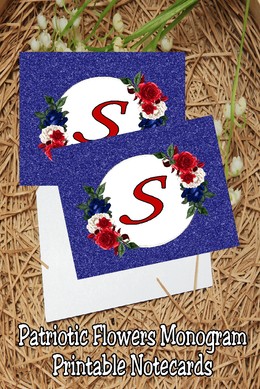 Patriotic Flowers Monogram Notecard Printable