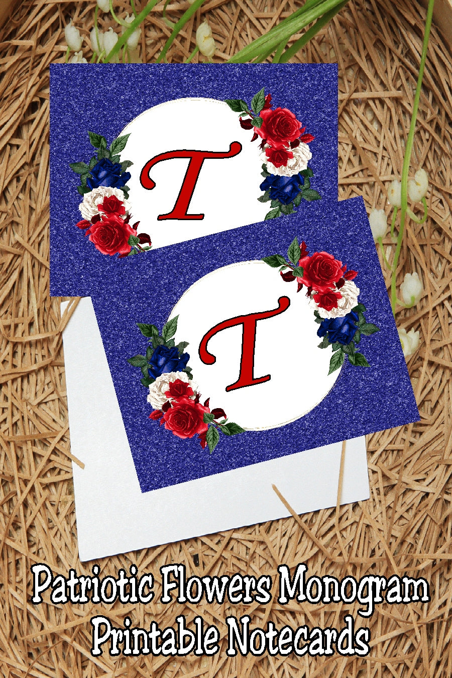 Patriotic Flowers Monogram Notecard Printable
