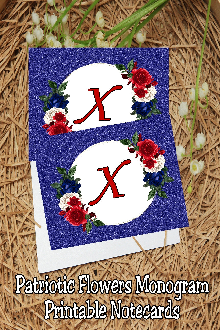 Patriotic Flowers Monogram Notecard Printable