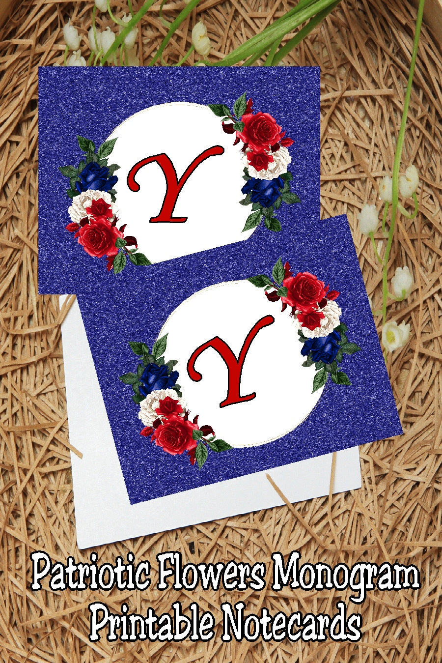 Patriotic Flowers Monogram Notecard Printable
