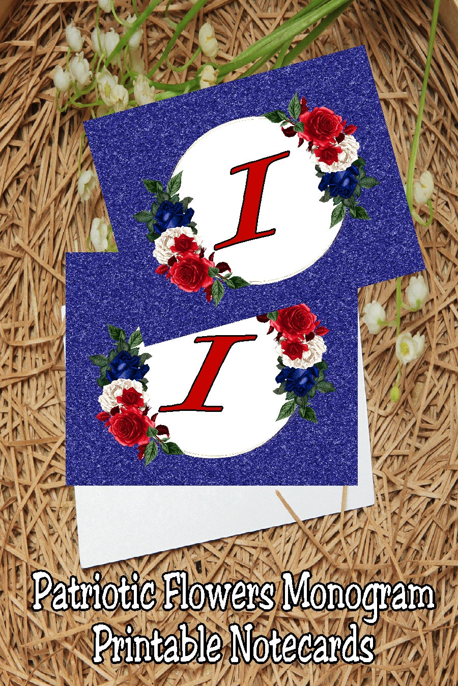 Patriotic Flowers Monogram Notecard Printable