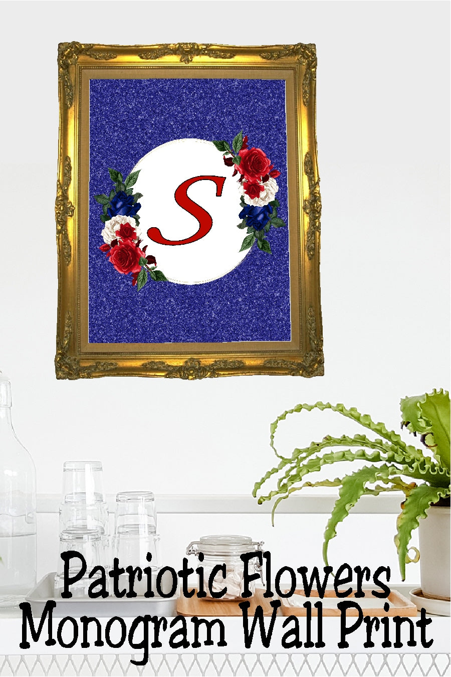 Patriotic Flowers Monogram Printable Wall Decor