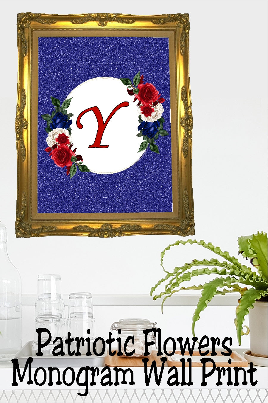 Patriotic Flowers Monogram Printable Wall Decor