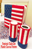 Decorate your table in red, white, and blue with this patriotic table set in plastic canvas. Included in this pattern set is a Flag Placemat, Uncle Sam Hat, 3 Mason Jar Covers, Salt and Pepper Cover, and a Flag Napkin Holder Cover.