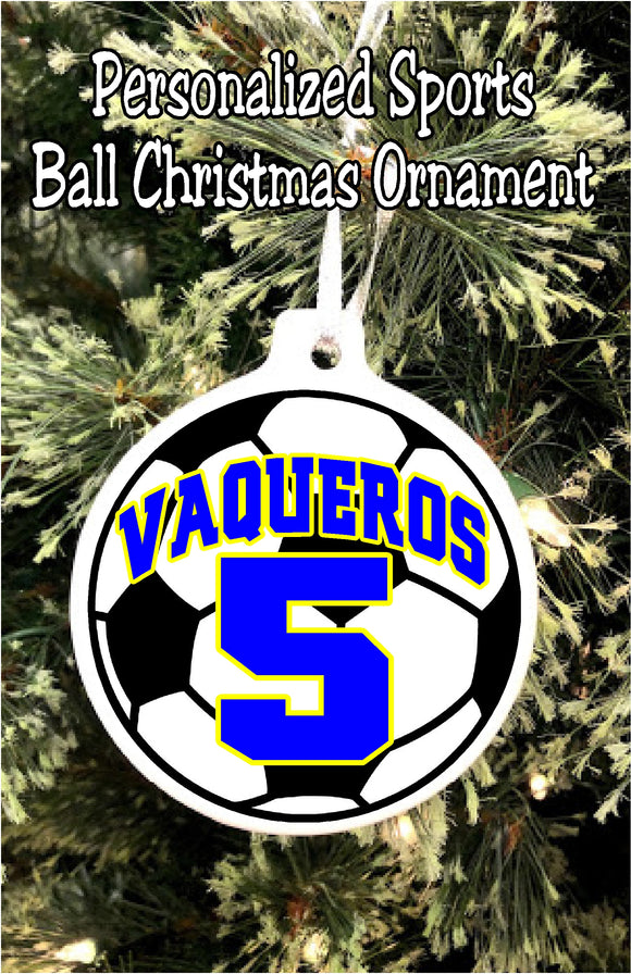Celebrate your favorite sport with this sports personalized Christmas ornament.  This is the perfect Christmas gift for the sports player in your life.  It can be personalized with any sport, team name, number, and team colors as well as a personalized picture of your player on the back!  #sportschristmasornament #personalizedchristmasornament