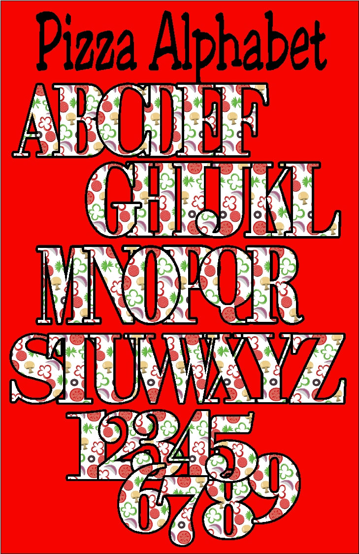 Celebrate your pizza party or cooking party with this fun pizza alphabet.  Alphabet has a pizza background fill with tomatoes, peppers, and pepporoni in it.